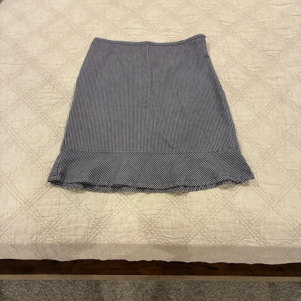 LOFT Denim Navy and White Striped Mini Skirt with Ruffle Hem